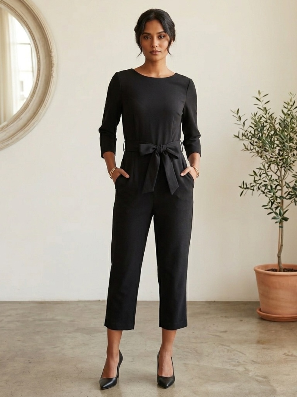 COS Sz 2 Black Cropped Belted Minimalist Jumpsuit